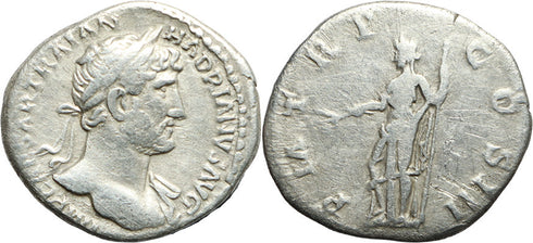 Ancient Roman silver denarius of the Emperor Hadrian minted in Rome